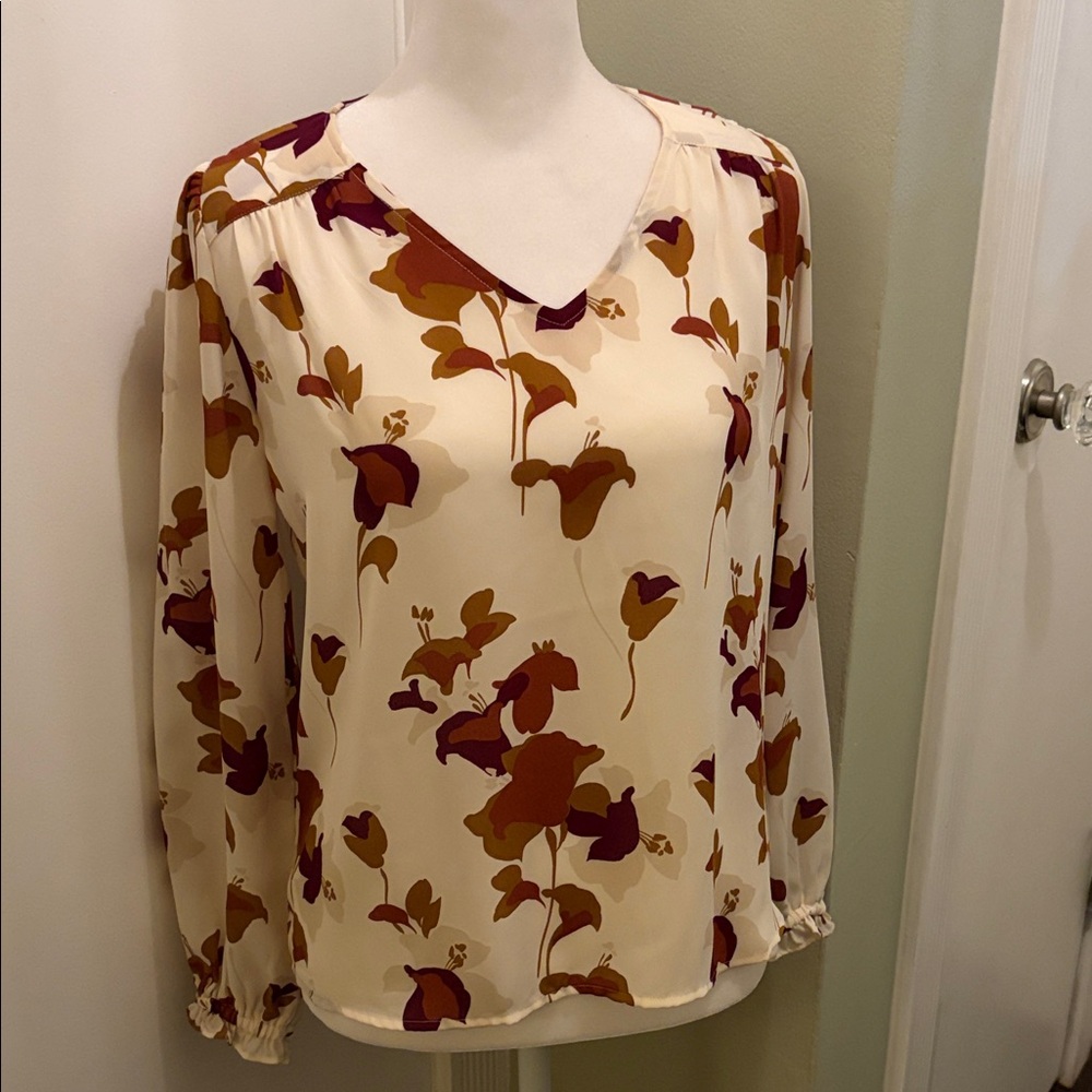Floral V-Neck Blouse - Cream and Brown